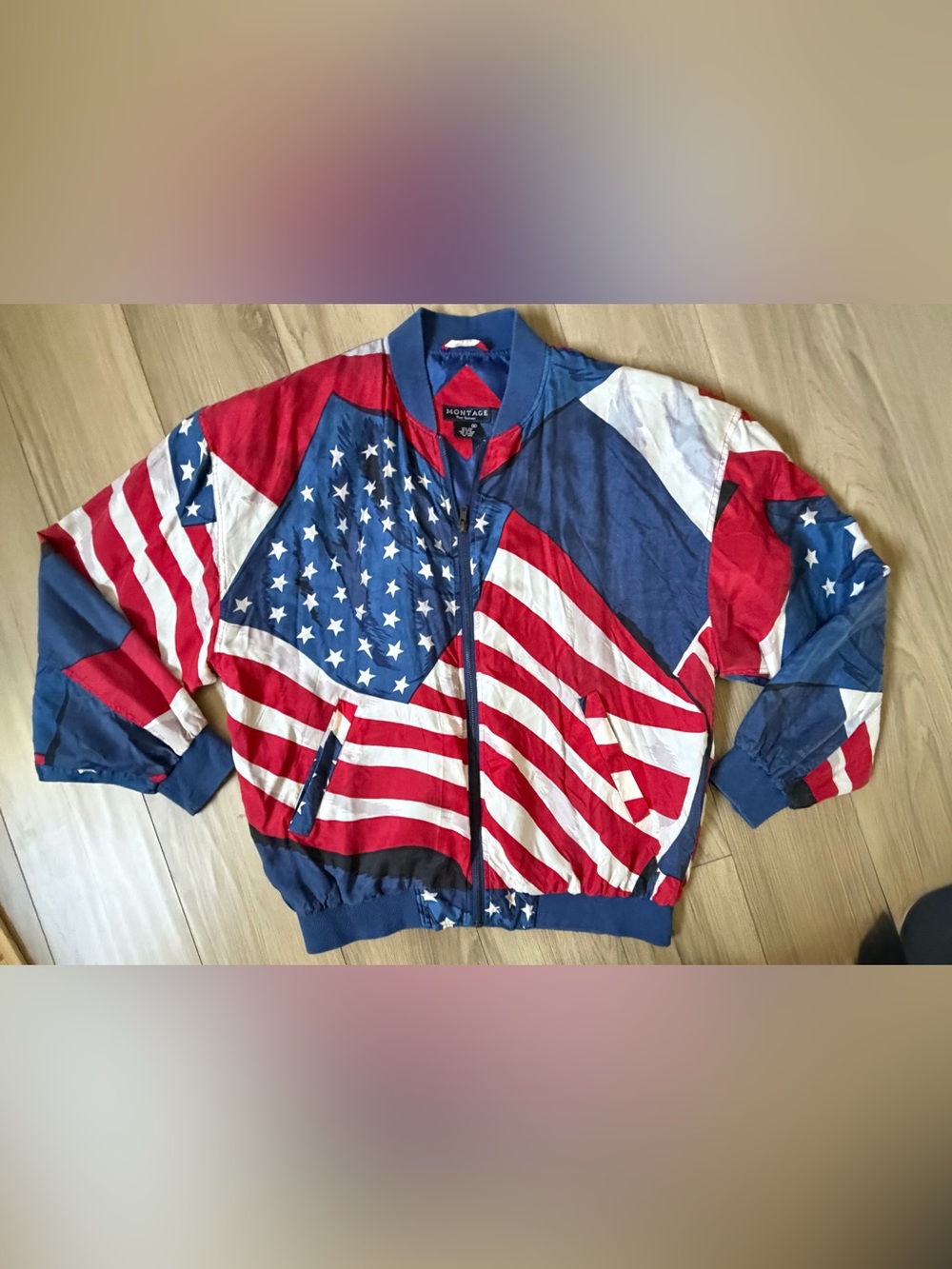 Vintage Montage pour Homme 100% Silk Bomber Jacket American Flag Sz M